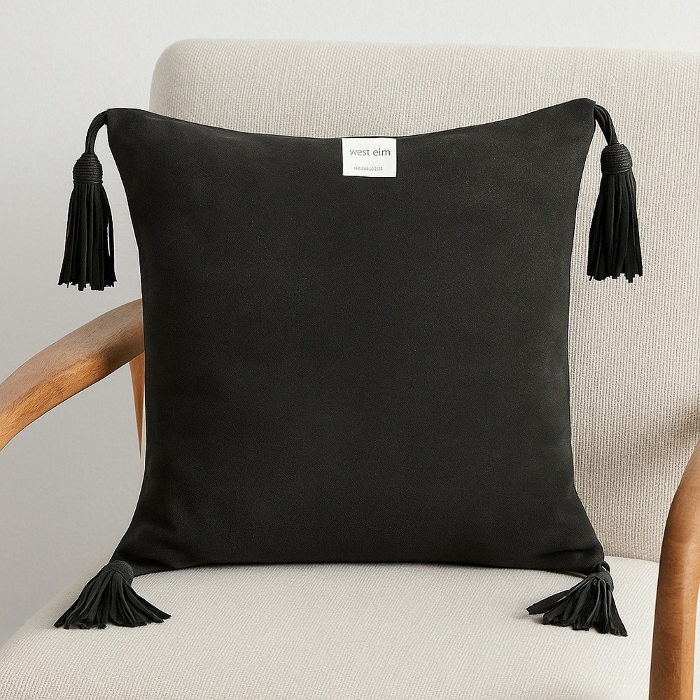 West Elm 16x16" Black Leather Tassel Pillow Cover & Insert Suede Boho Modern